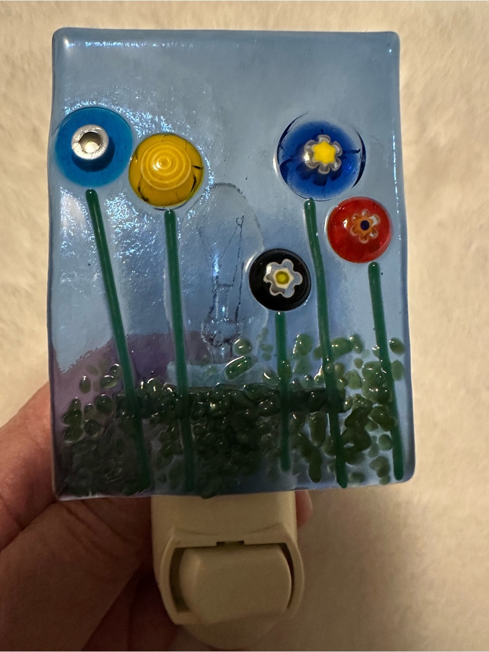 Hand Crafted Blue Glass Floral Nightlight with Multicolor Flower Accents
